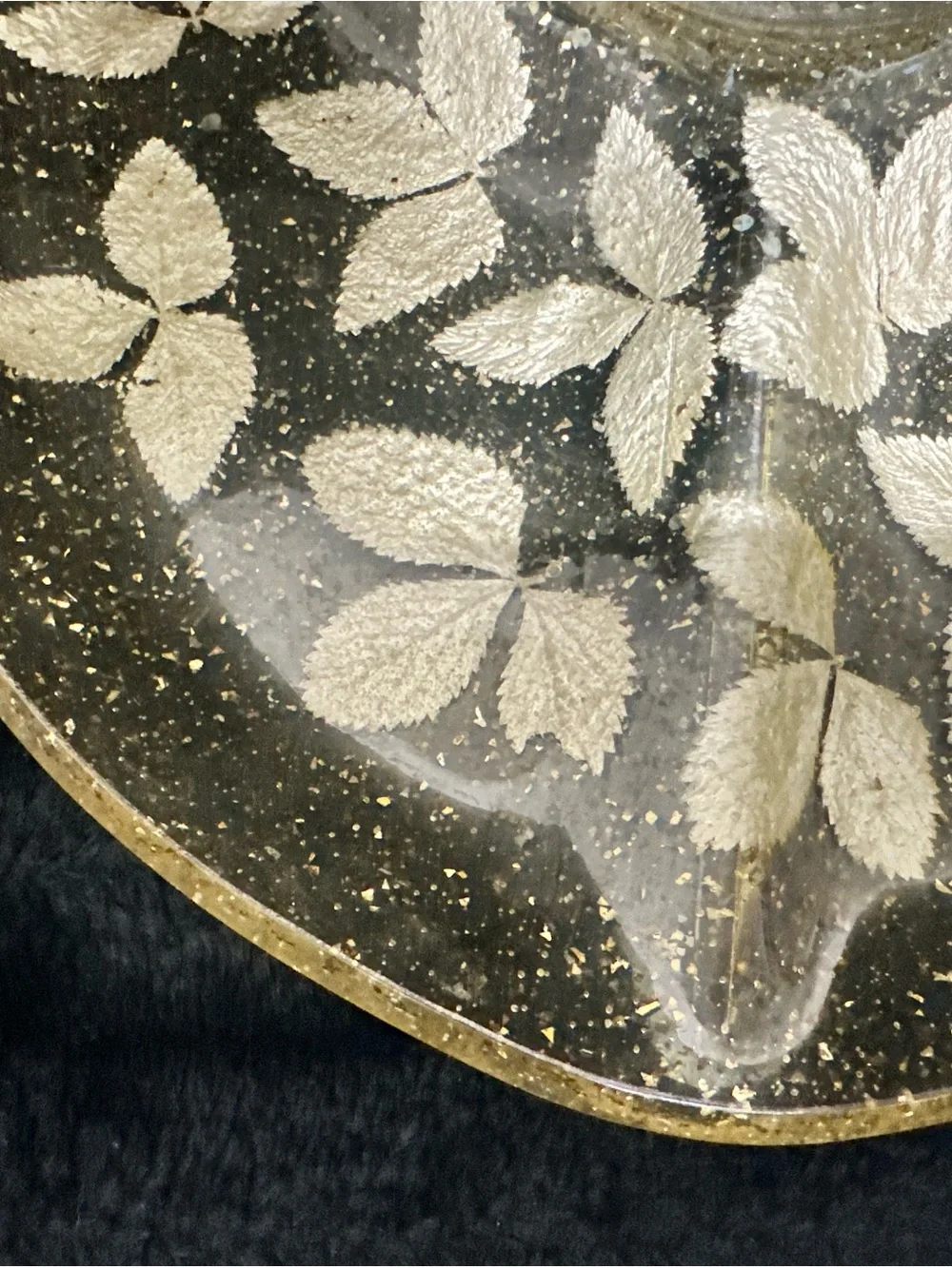 MCM Lucite Divided Serving Tray With Leaf Inlay & Gold Color Glitter Flakes
